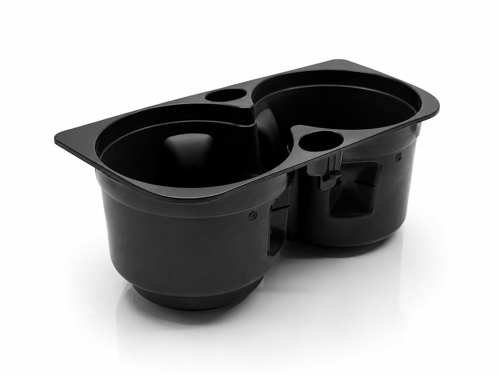 Rear side view of black replacement cup holder insert for Porsche Cayenne 955 957 center console